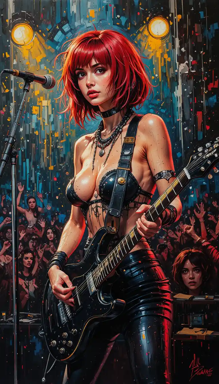 Rock singer with guitar on dark impasto concert stage