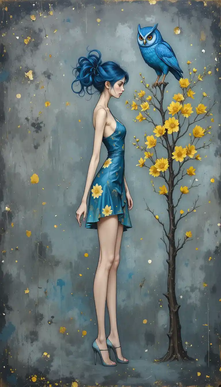Elegant blue haired woman with owl on abstract floral tree