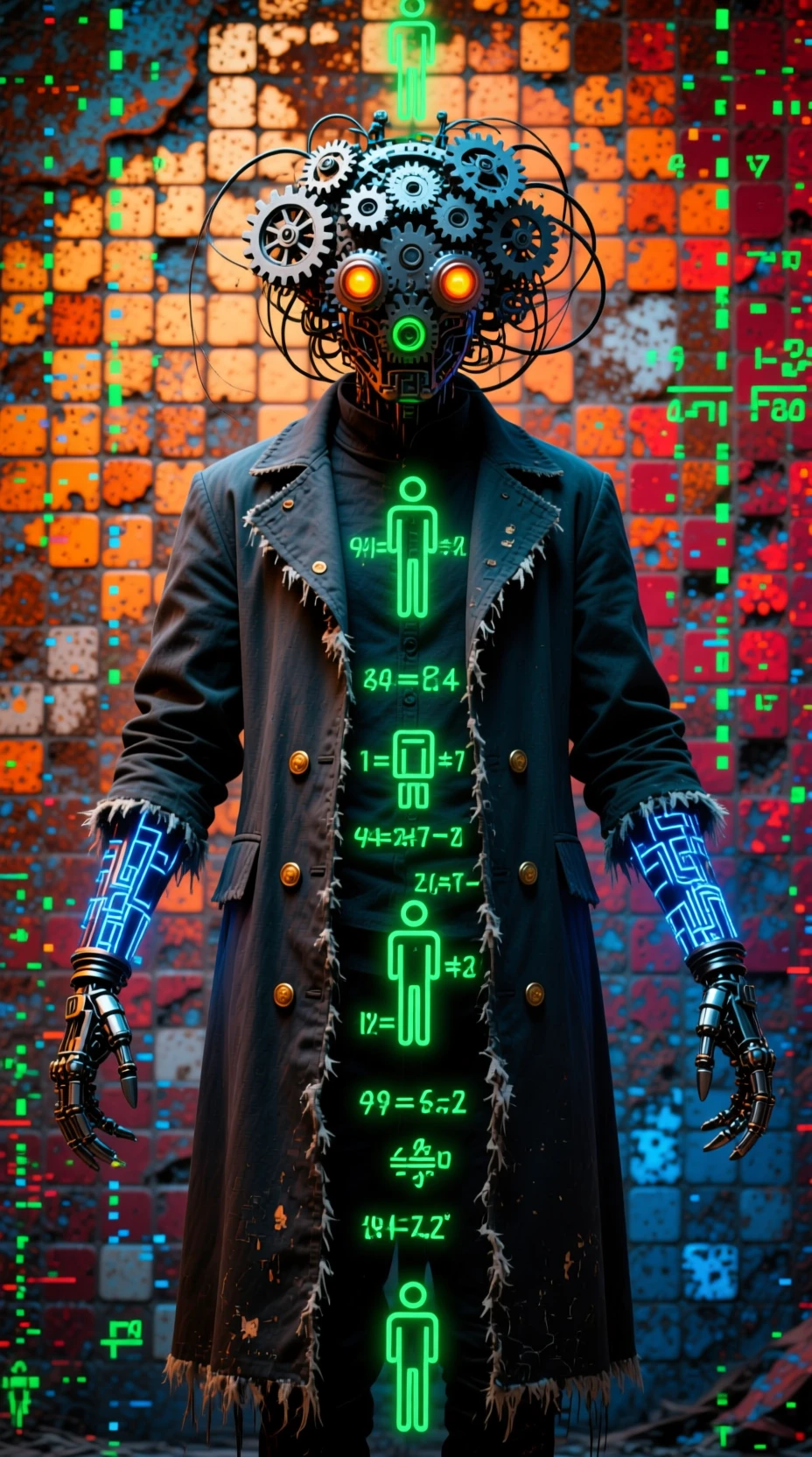 Figure de cyborg à tête mécanique et glyphes néon