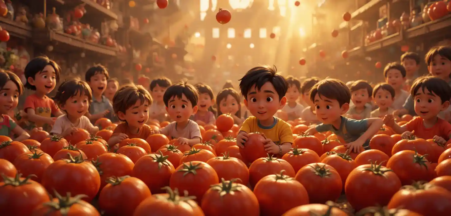 Playful children in a sunny summer tomato battle scene