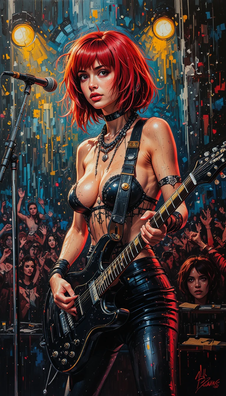 Rock singer with guitar on dark impasto concert stage