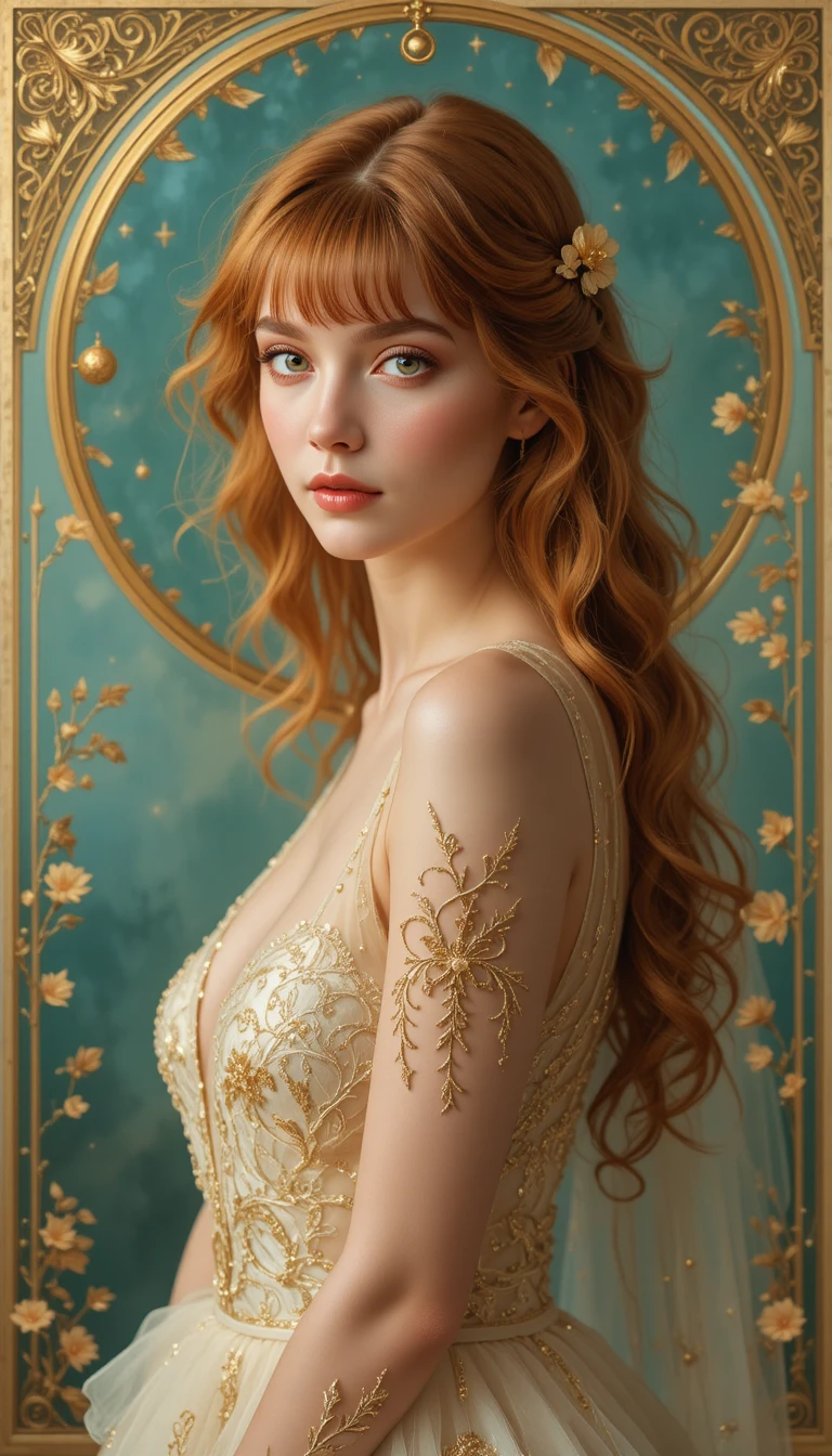 Serene auburn haired woman in ethereal gold embroidered gown