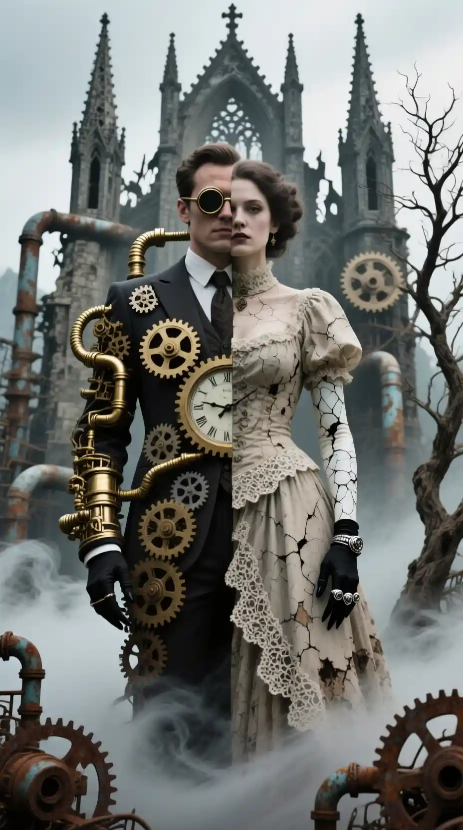 Clockwork and lace figure before crumbling gothic ruins