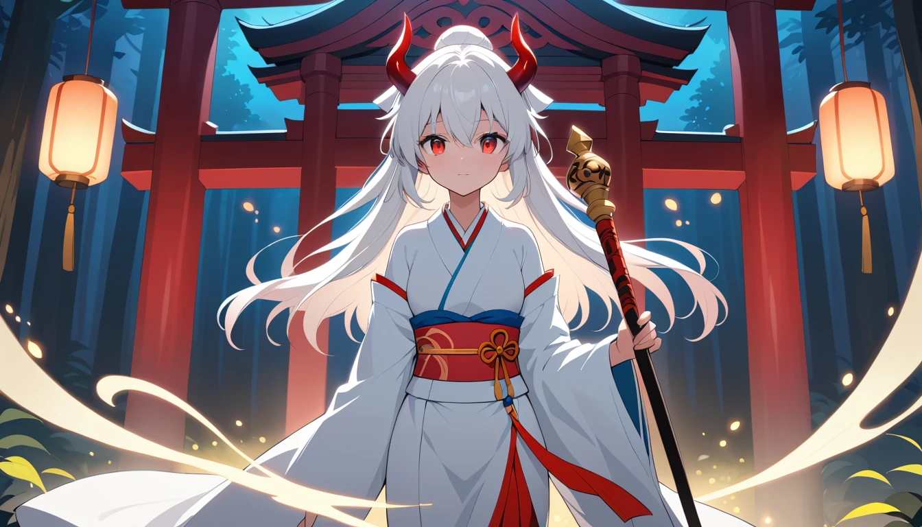 Anime-Priesterin im Kimono am Tempel in der Nacht