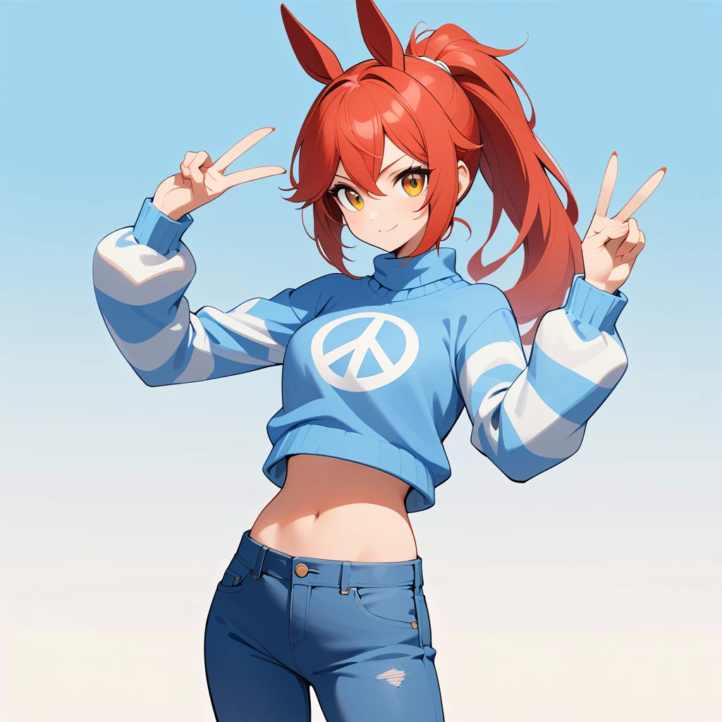 Rothaarige anthro Stute im blauen Pullover, die ein Peace-Zeichen macht