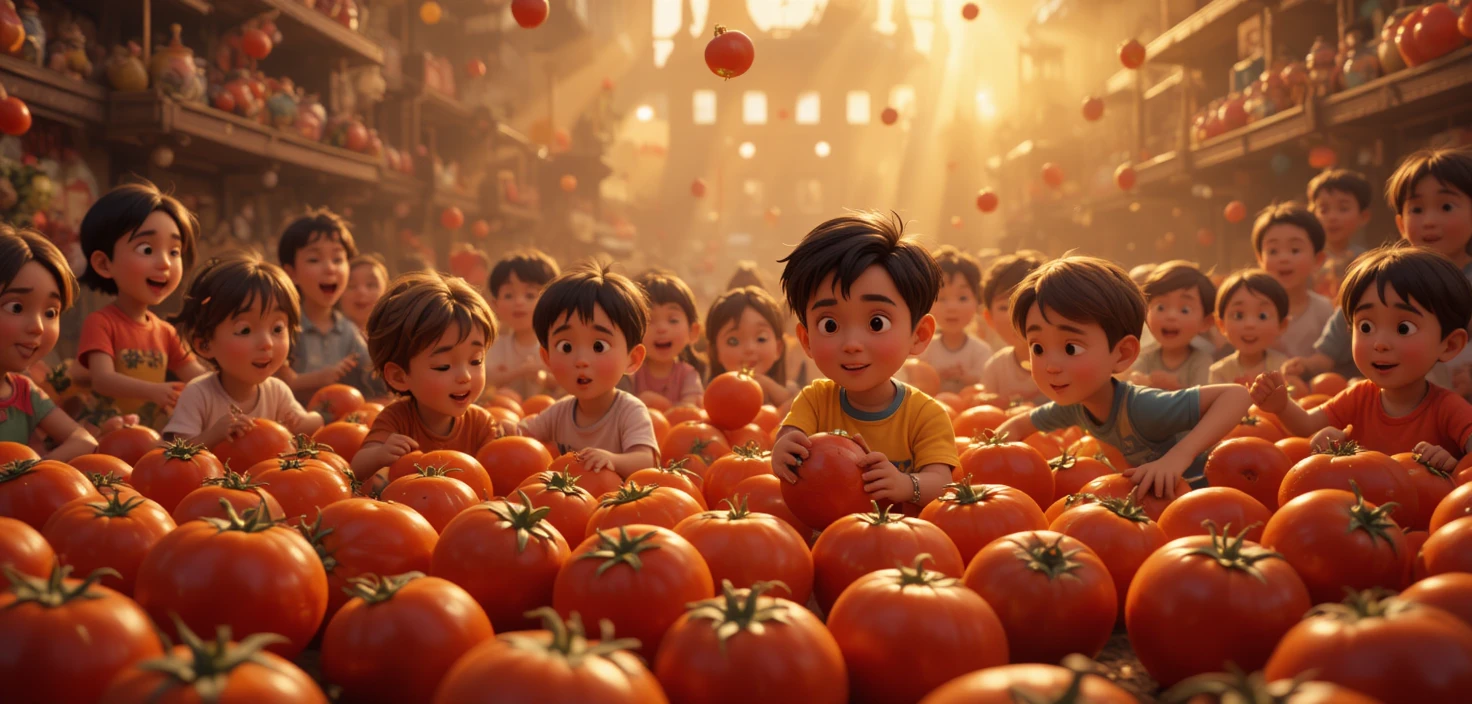 Playful children in a sunny summer tomato battle scene