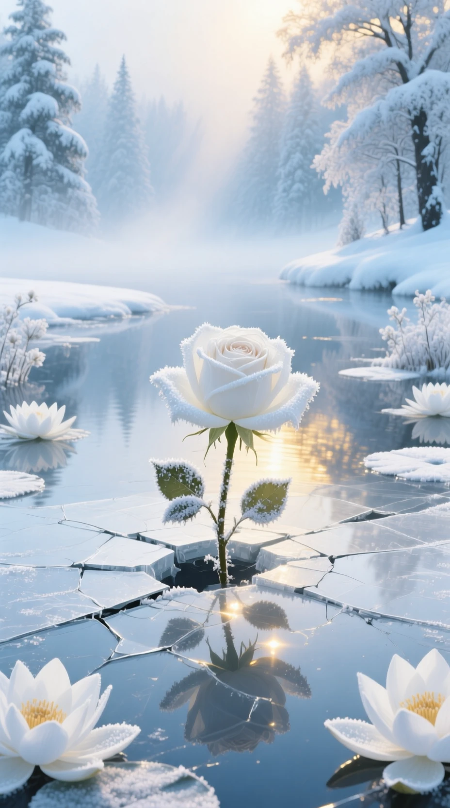 Ethereal white rose glowing above a cracked frozen pond