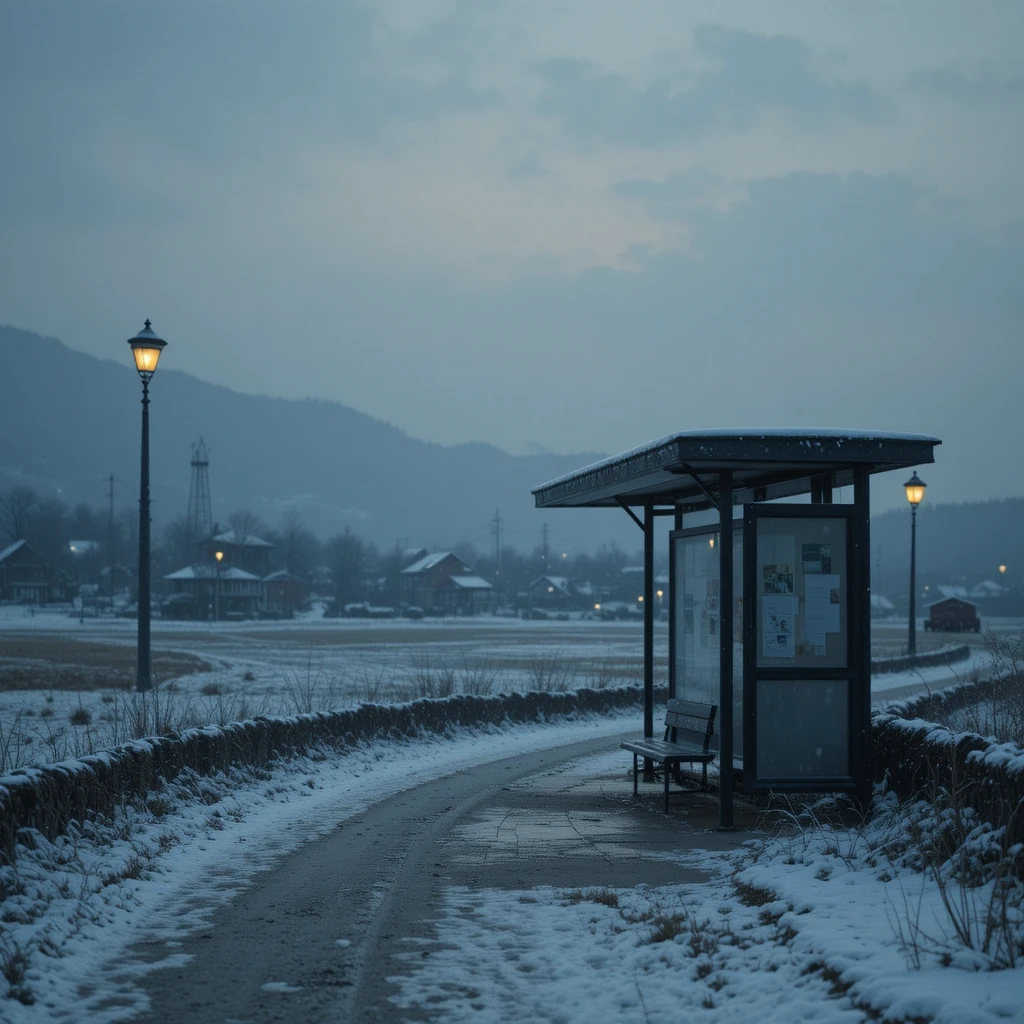 Arrêt de bus rural coréen isolé sous la neige au crépuscule
