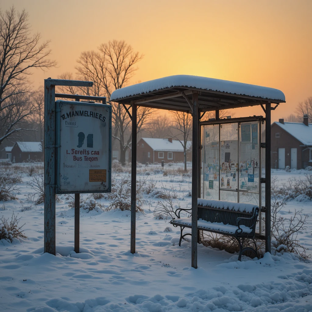 Arrêt de bus rural enneigé au coucher de soleil orange