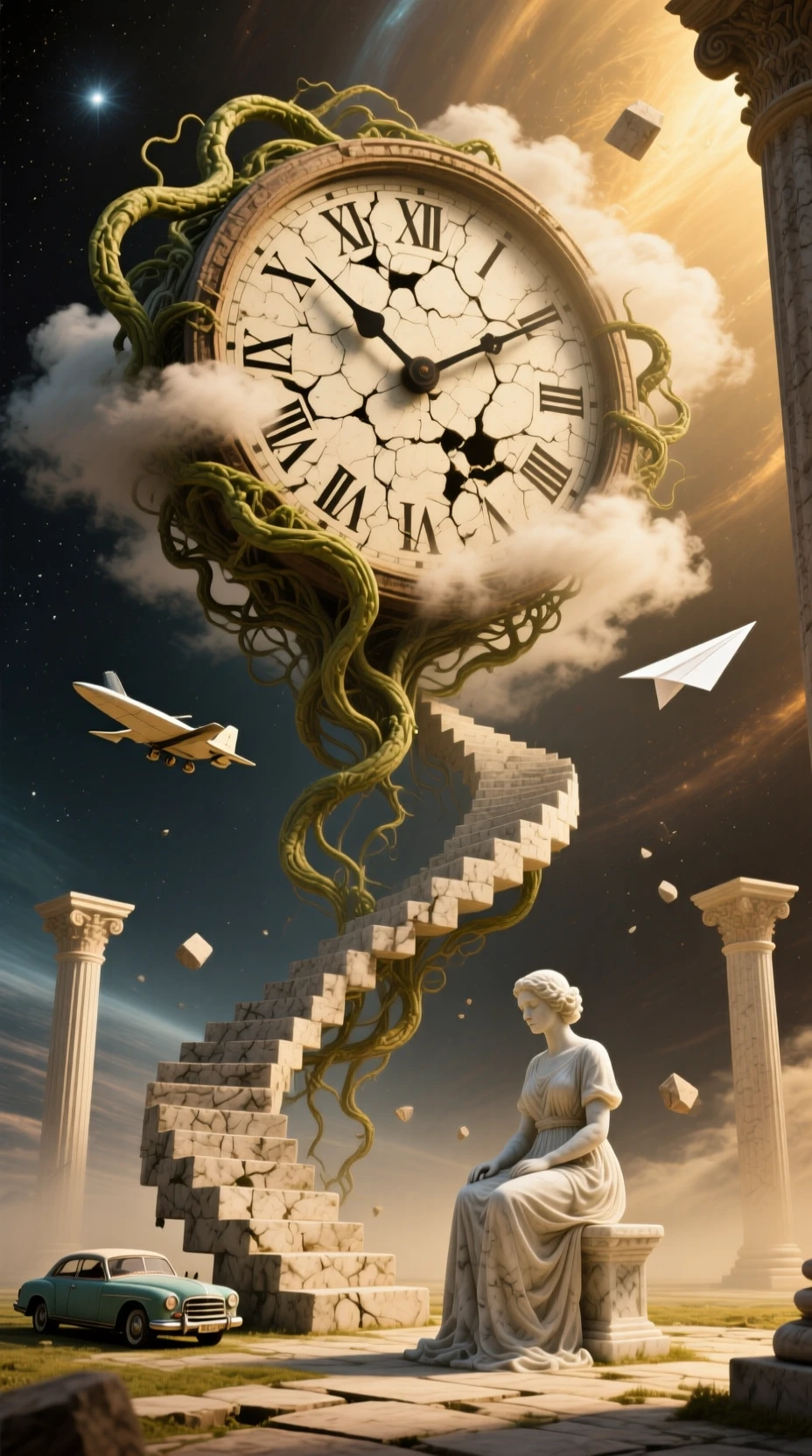Antico orologio fuso che fluttua in uno spazio surreale infinito