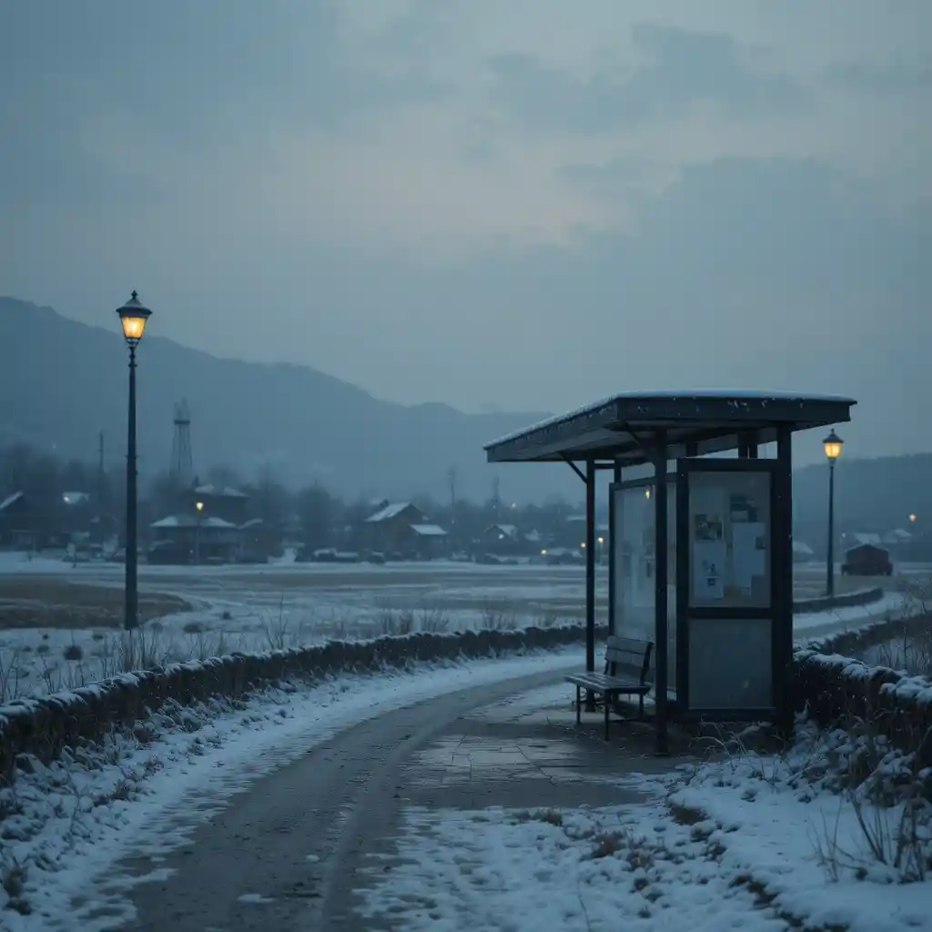 Arrêt de bus rural coréen isolé sous la neige au crépuscule