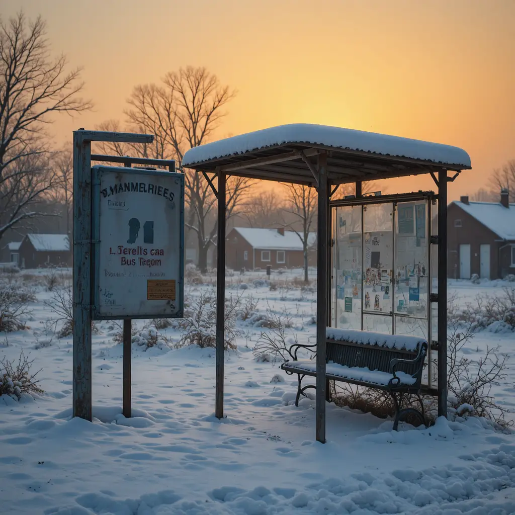Snow covered rural bus stop at orange sunset