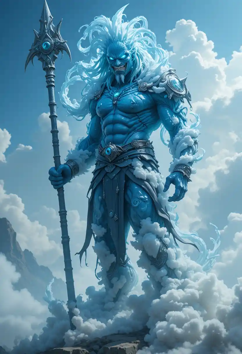 藍色鯊魚頭戰士穿著雲之盔甲站在奇幻島嶼上