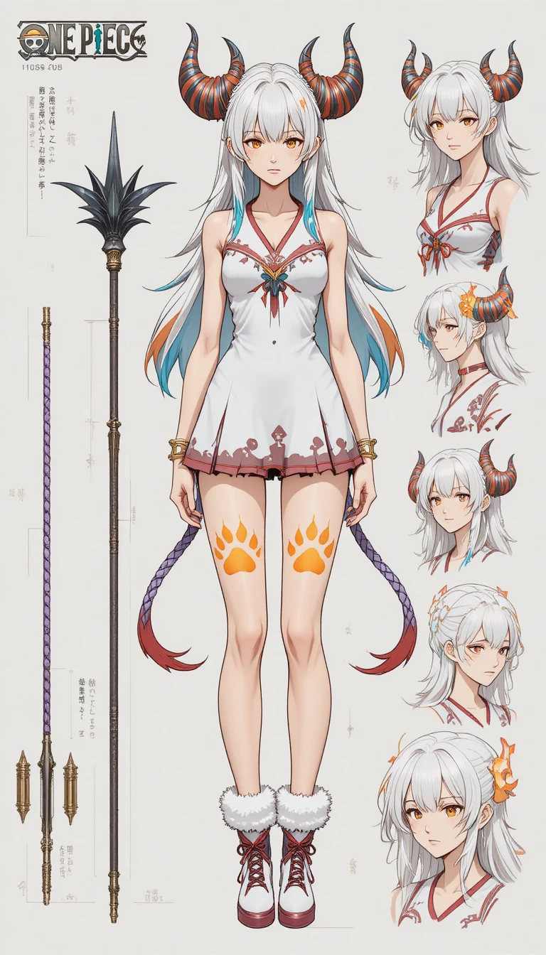 Anime girl character sheet with detailed outfit and weapon