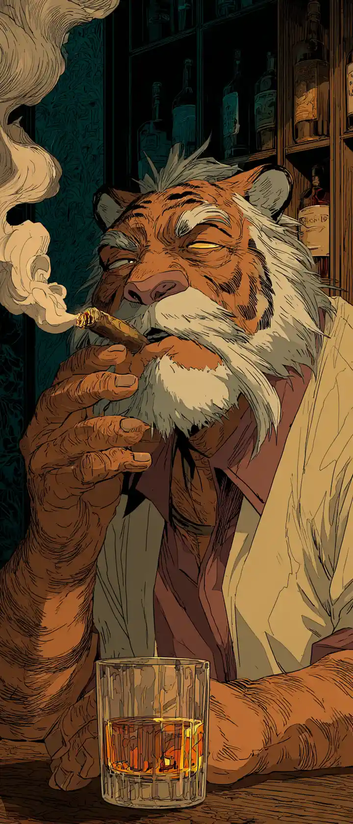 Aged yakuza boss smoking a cigar at the bar