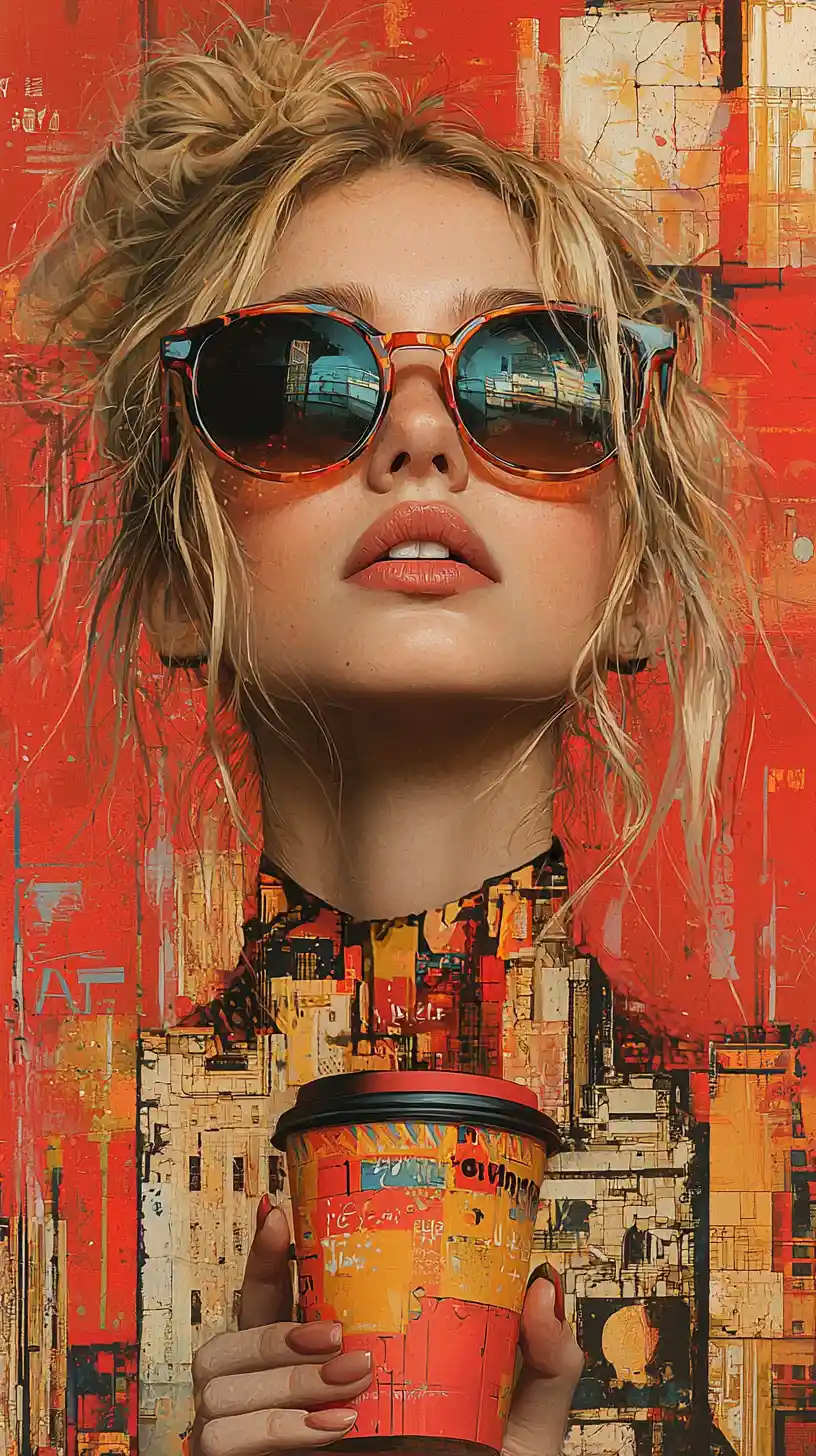 Mujer con gafas de sol frente a vibrante collage urbano abstracto