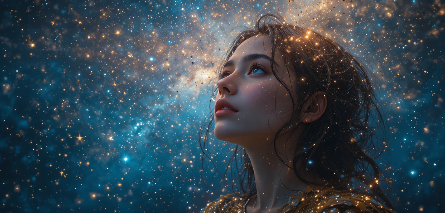 Donna che guarda verso l’alto in un caldo universo pieno di stelle