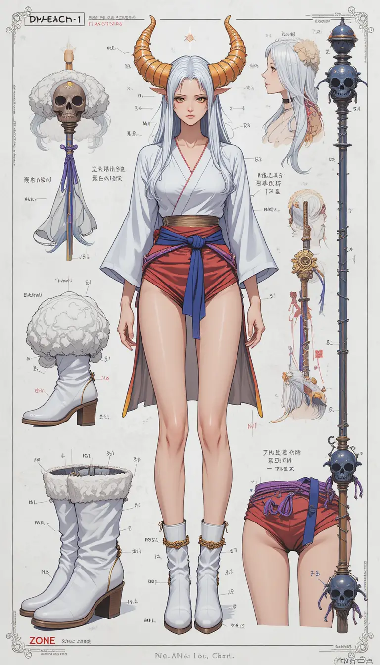 Anime warrior woman character sheet with weapon and details