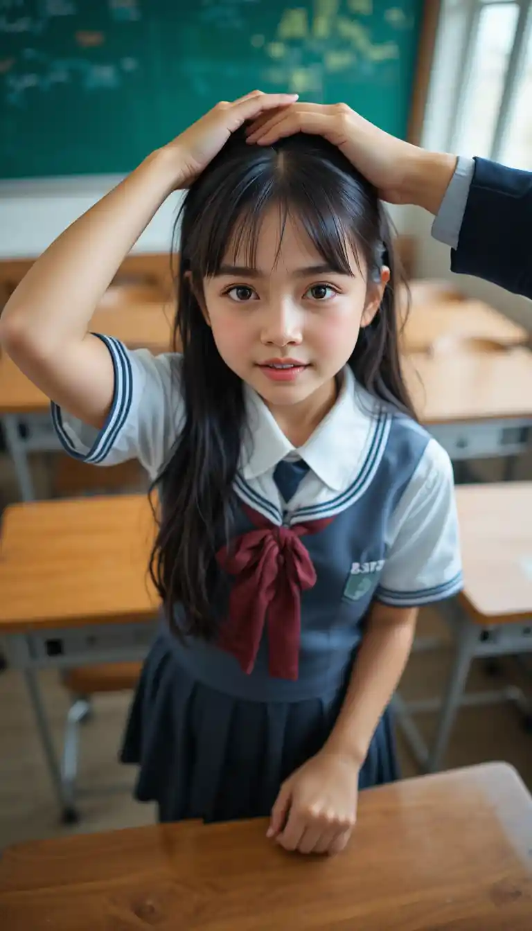 Shy little girl in school uniform looking up in classroom