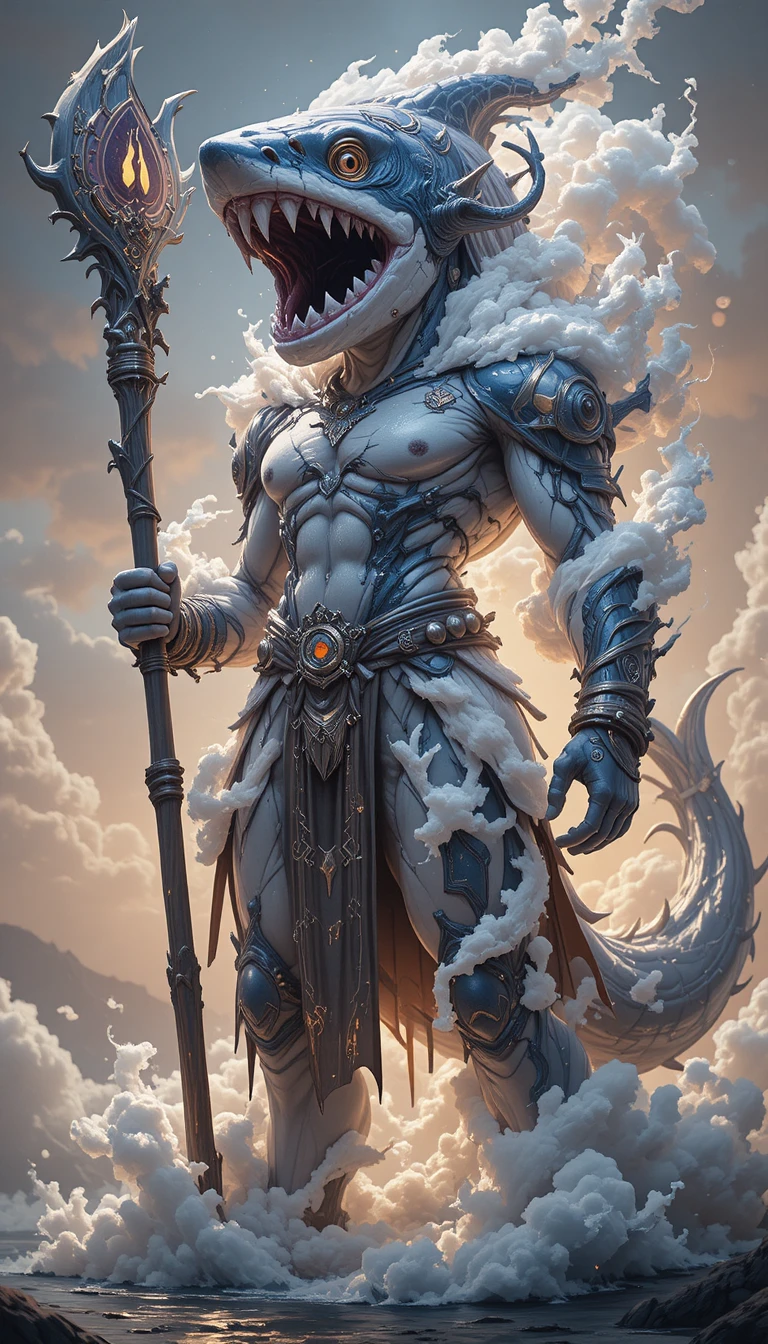 幻想島上穿著雲之鎧甲的動畫魚人戰士