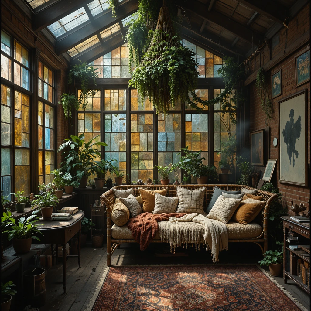 Maximalist sunroom with stained glass wall and bamboo daybed