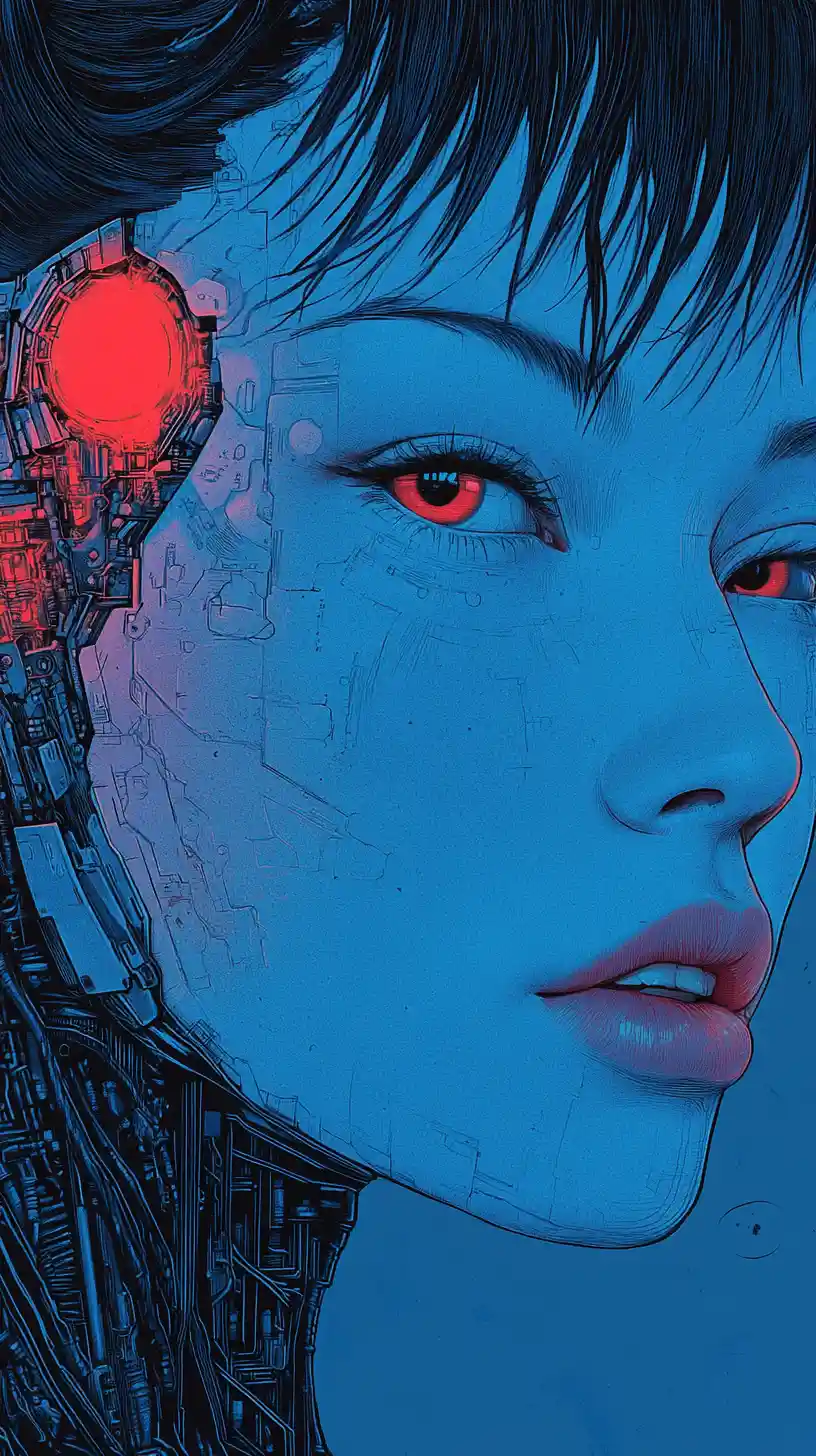 Blue skinned cybernetic woman in dramatic manga close up