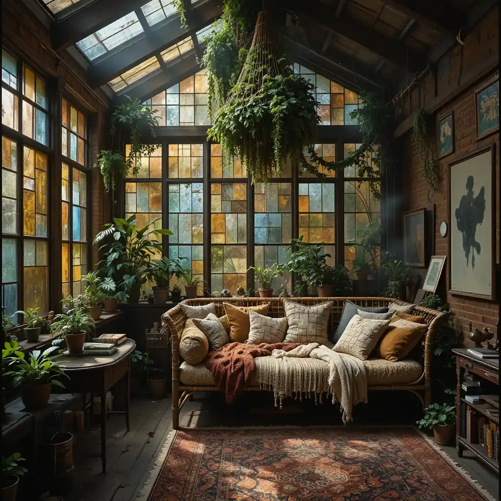 Maximalist sunroom with stained glass wall and bamboo daybed