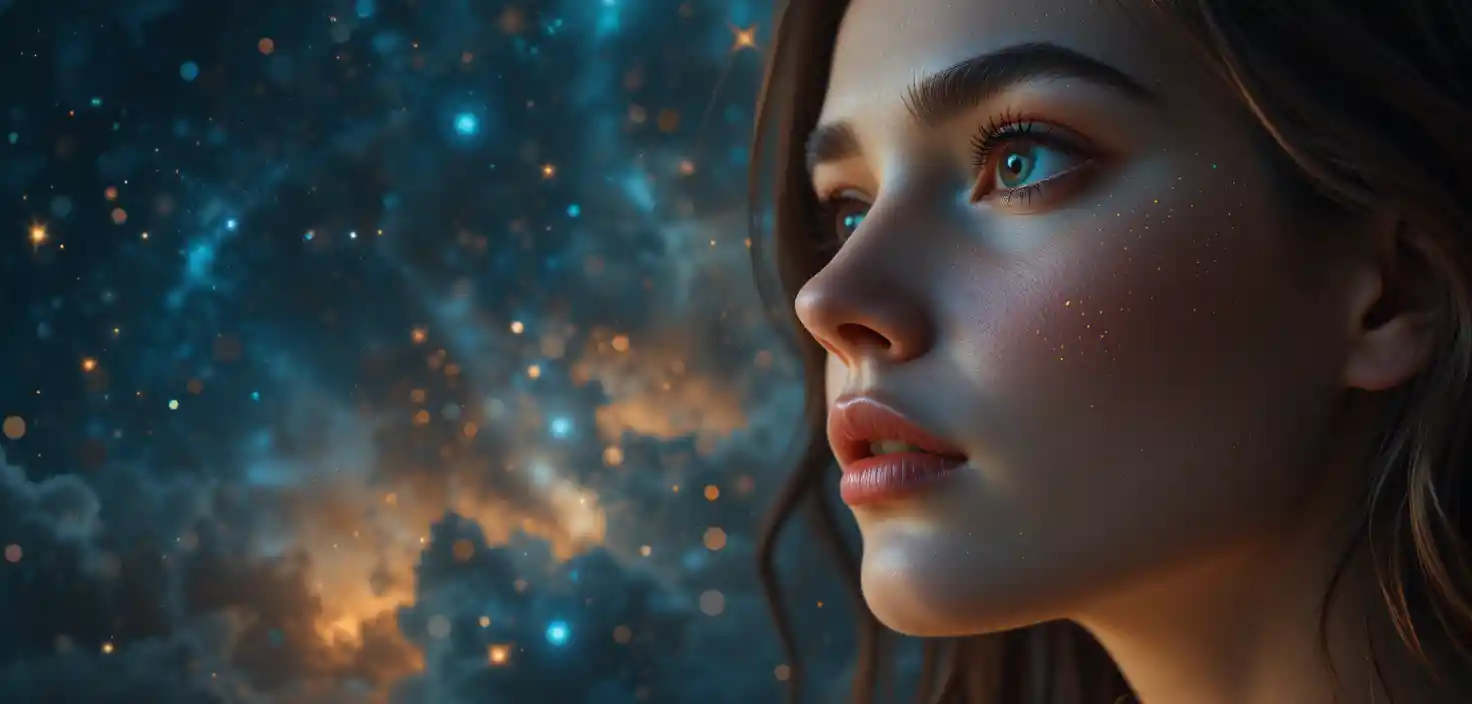 Woman gazing upward into a warm starry night sky