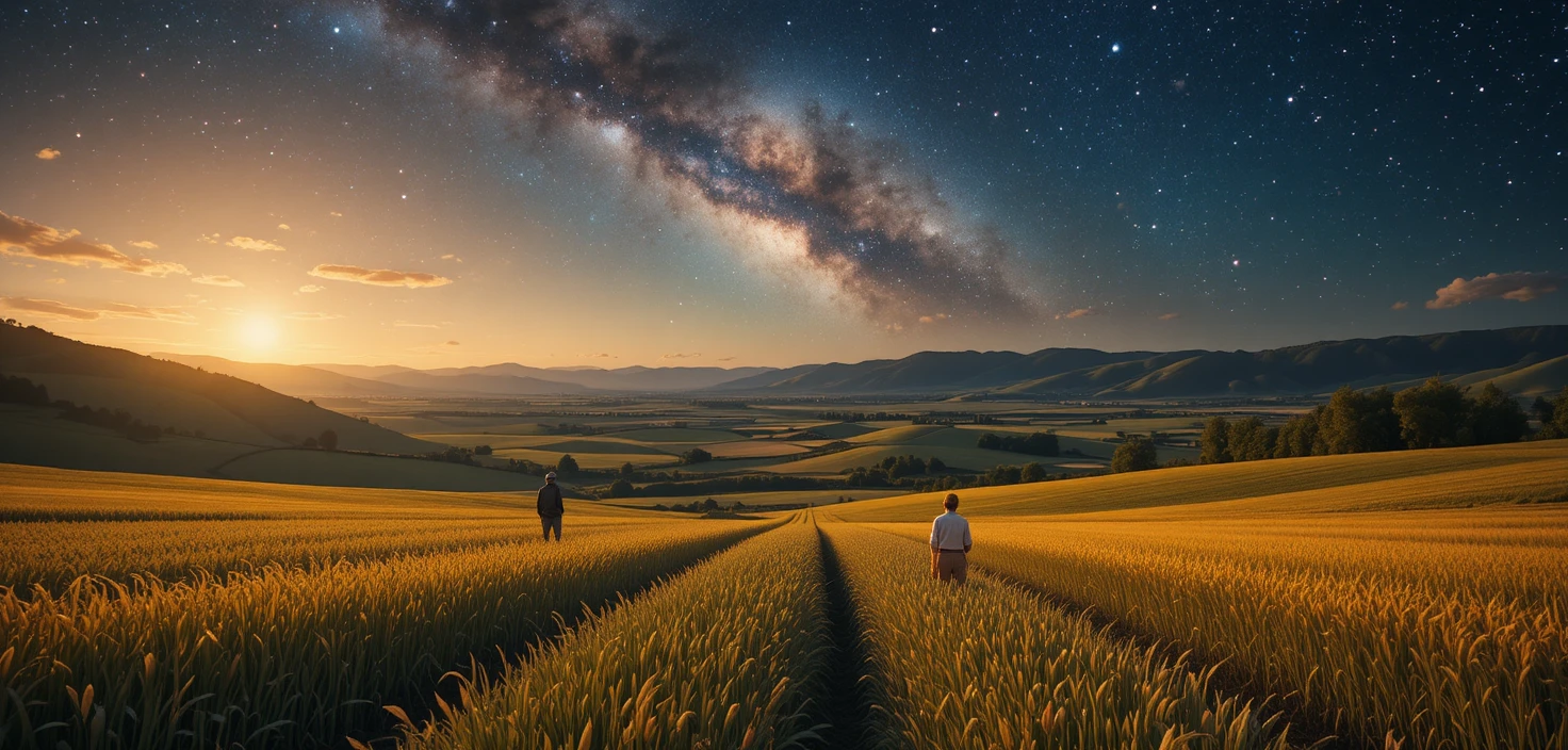Peasant crowd working fields under a vast starry universe