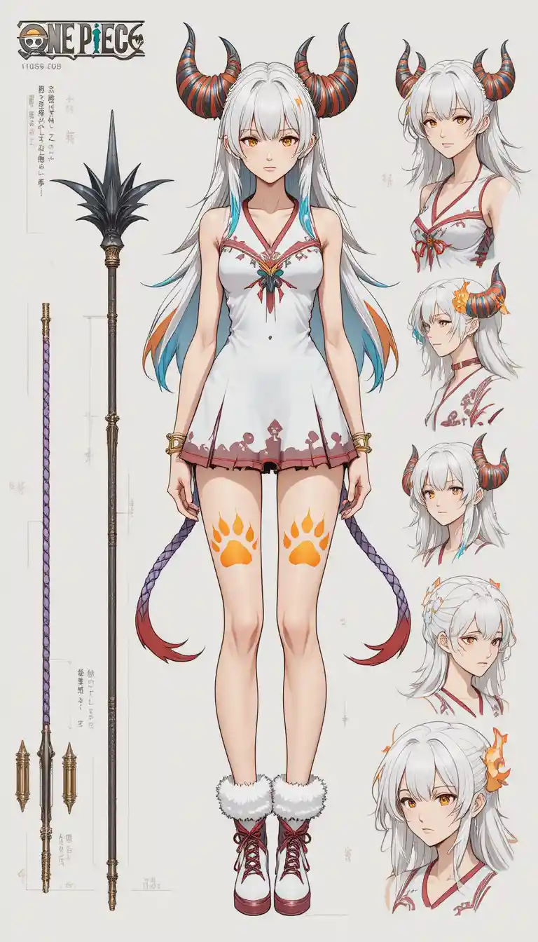Anime girl character sheet with detailed outfit and weapon