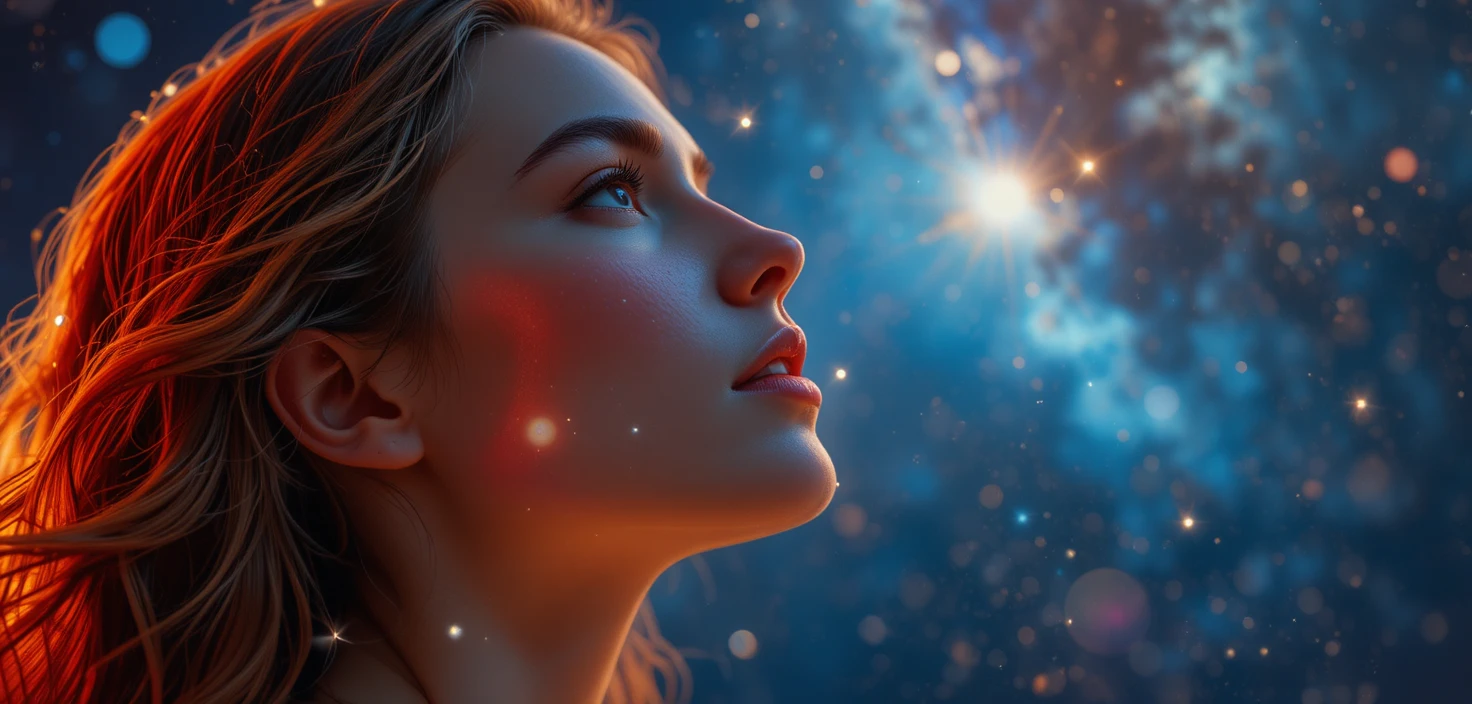 在溫暖星空下仰望的女人