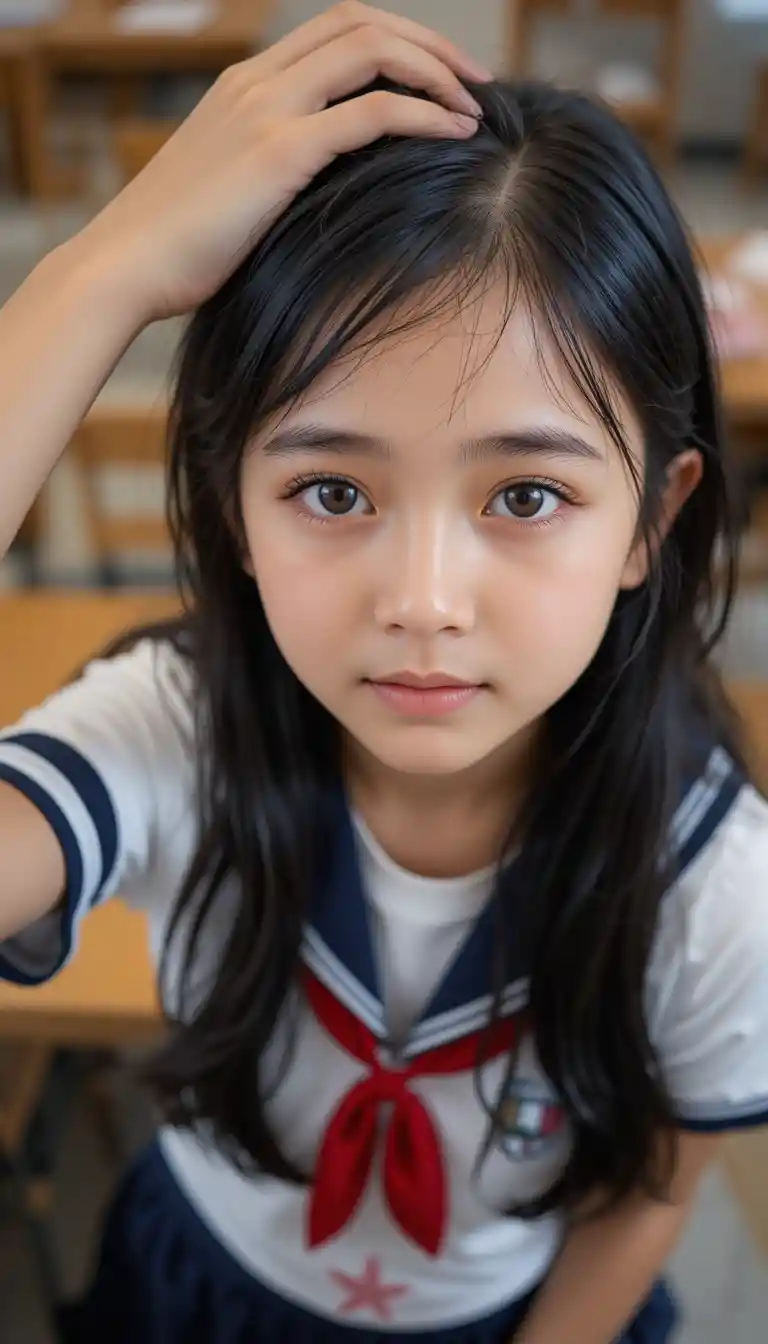 Shy young girl in school uniform looking up in classroom