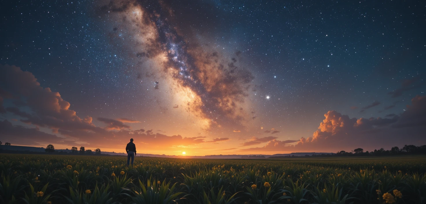 Contadini al lavoro nei campi sotto un vasto cielo di universo stellato