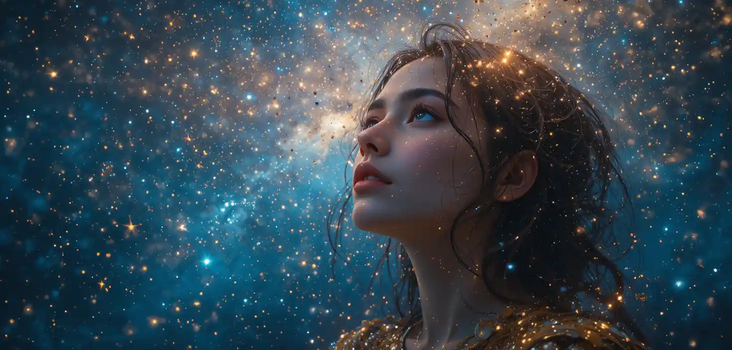 凝望溫暖繁星宇宙的女子