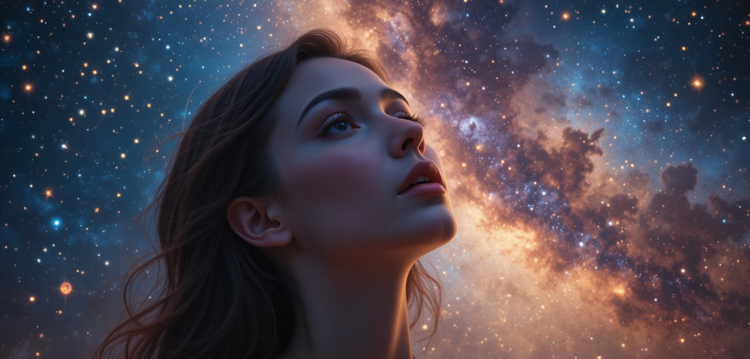 抬頭仰望溫暖星空的女子