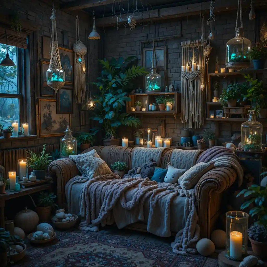 Salon bohème et chaleureux illuminé par des bougies et des champignons
