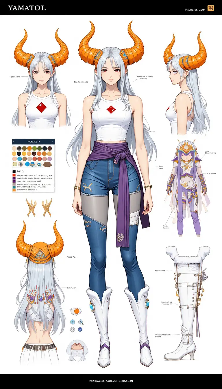 Anime character sheet of a horned silver haired female warrior
