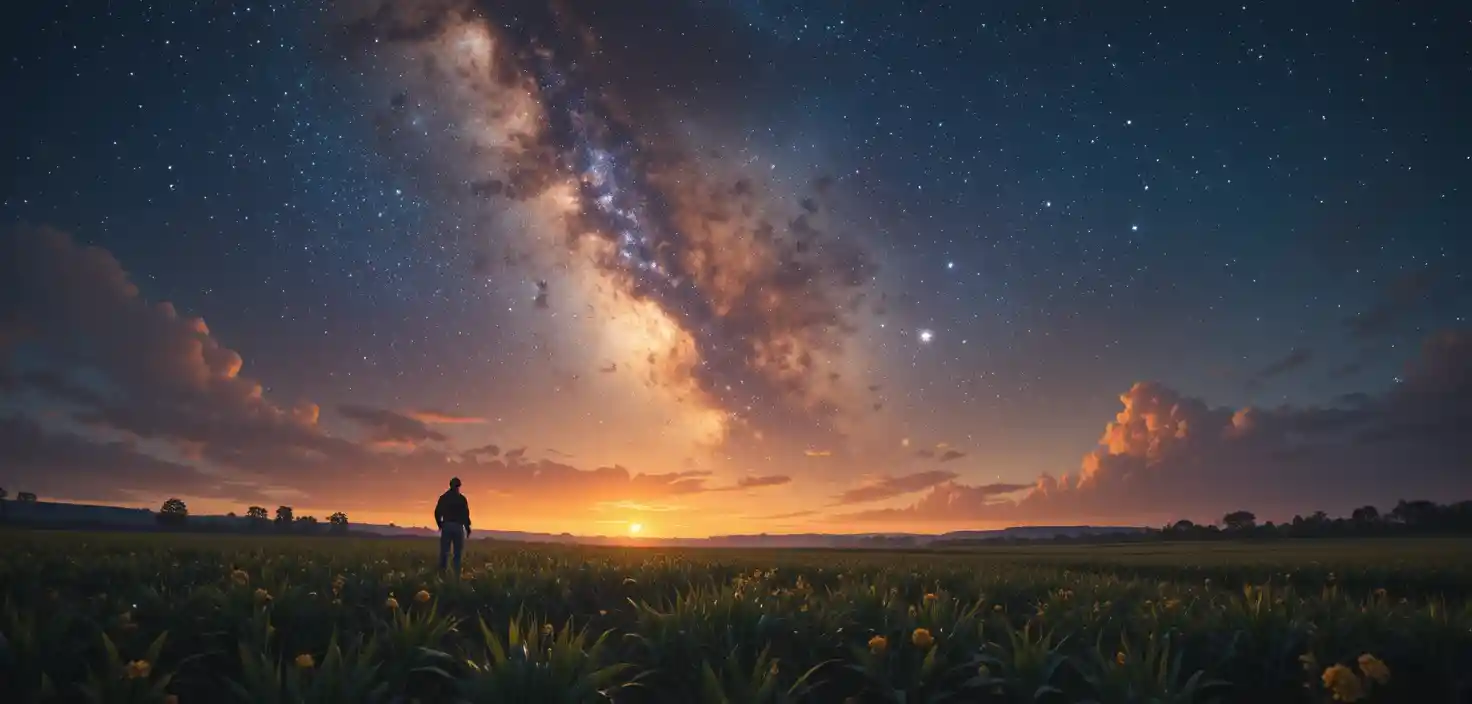 Contadini al lavoro nei campi sotto un vasto cielo di universo stellato