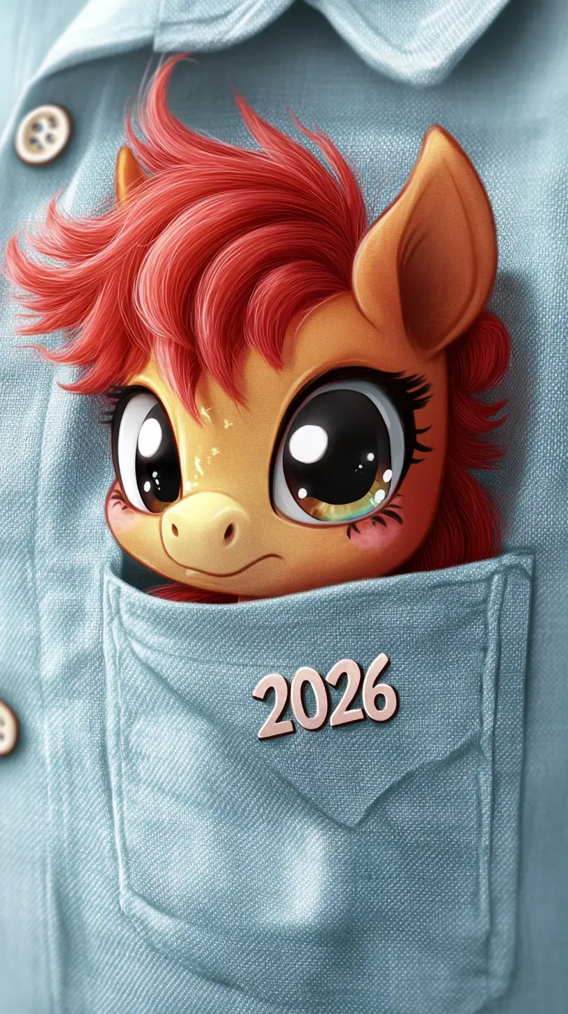 Cute red pony peeking from blue shirt pocket