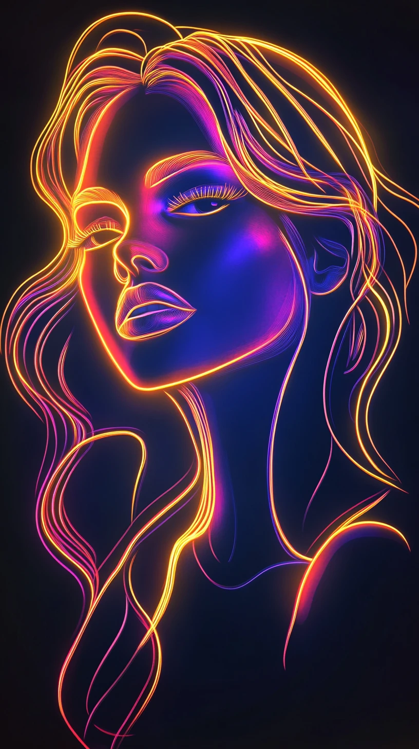 Portrait en lignes néon d’une femme confiante et mystérieuse