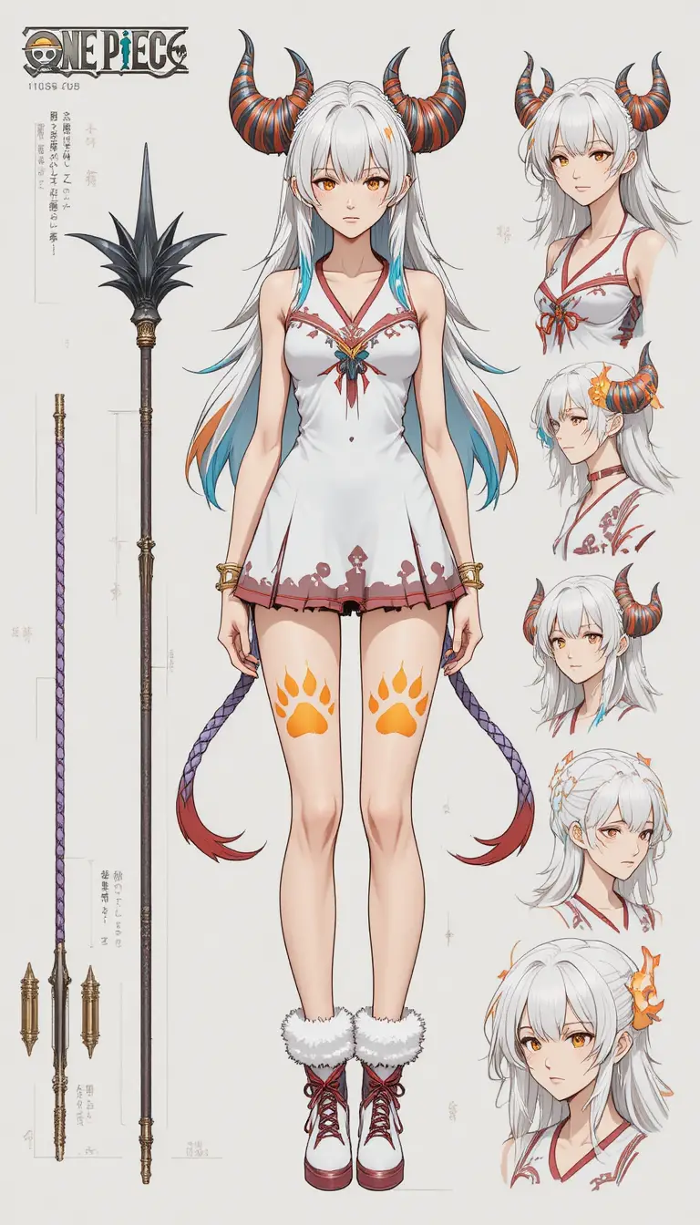 Anime girl character sheet with detailed outfit and weapon