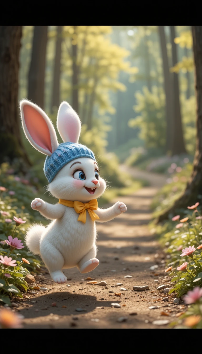 White rabbit greeting a smiling bear on forest path