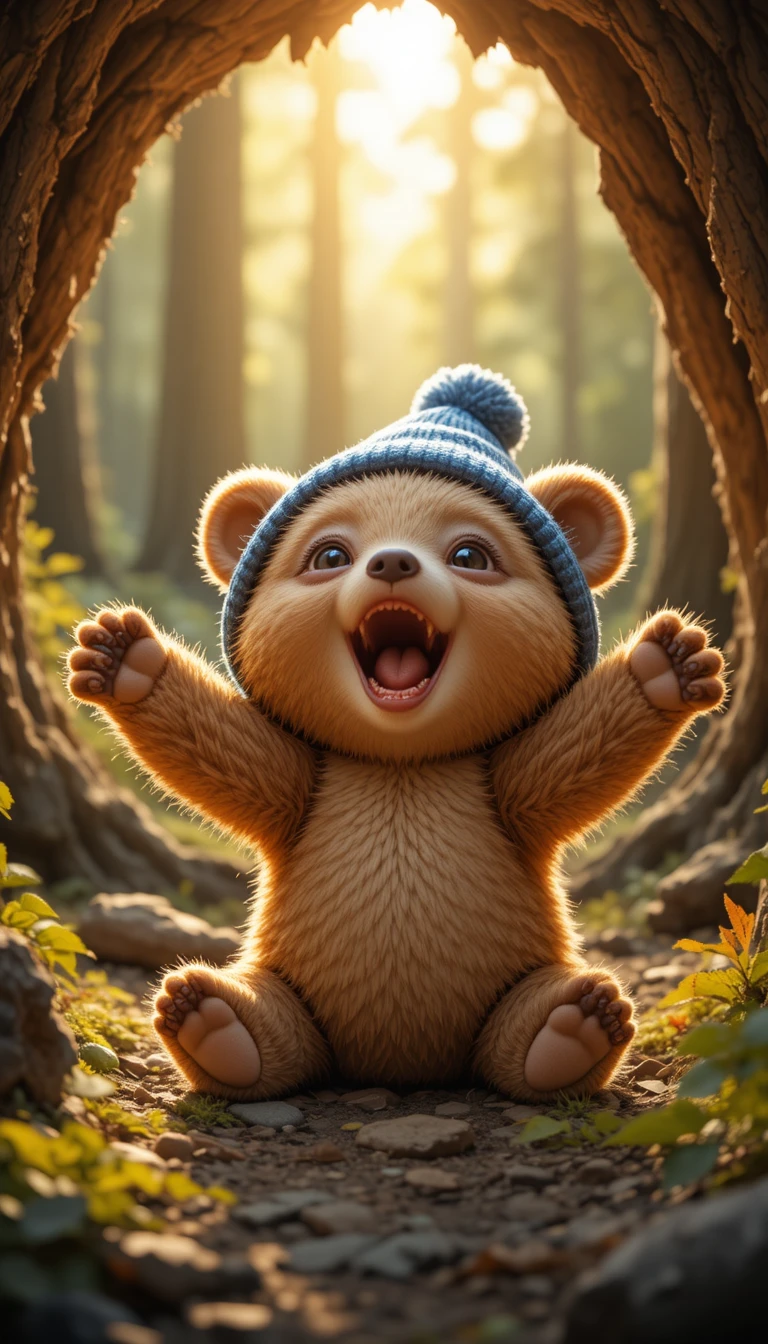 Adorable ourson qui se réveille dans un terrier chaud en forêt
