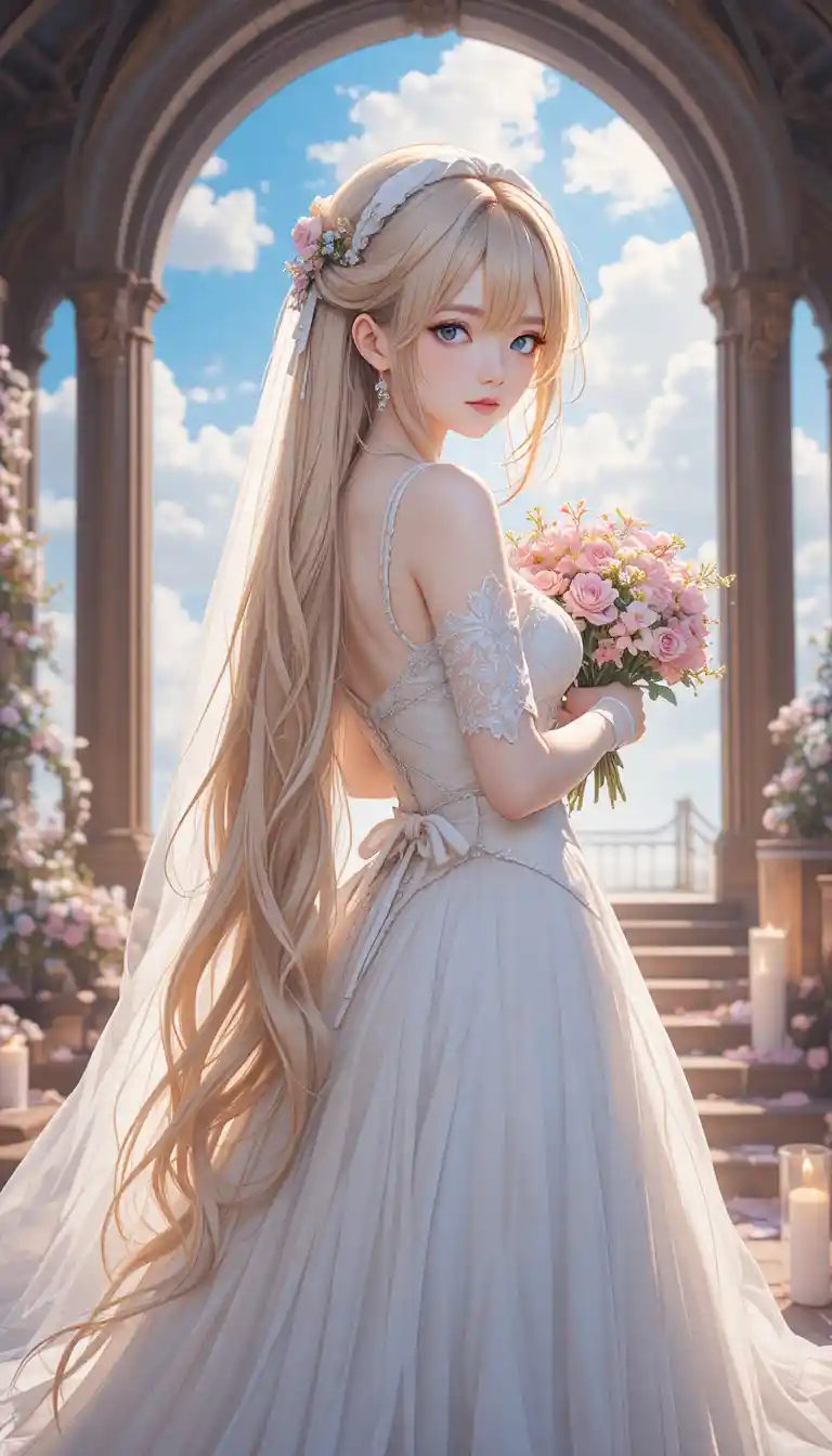 Anime bride in white wedding dress on indoor stairs