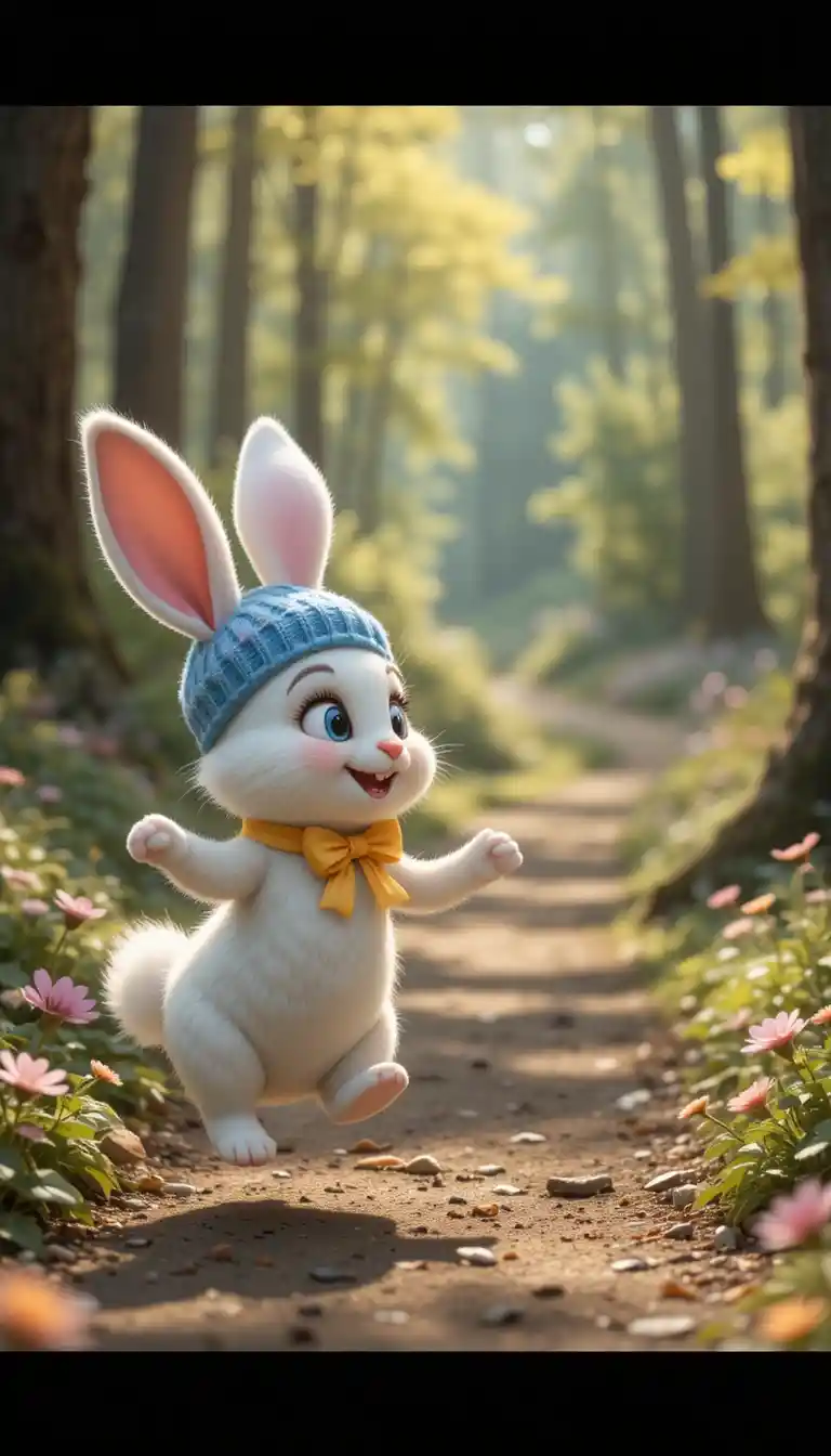 White rabbit greeting a smiling bear on forest path