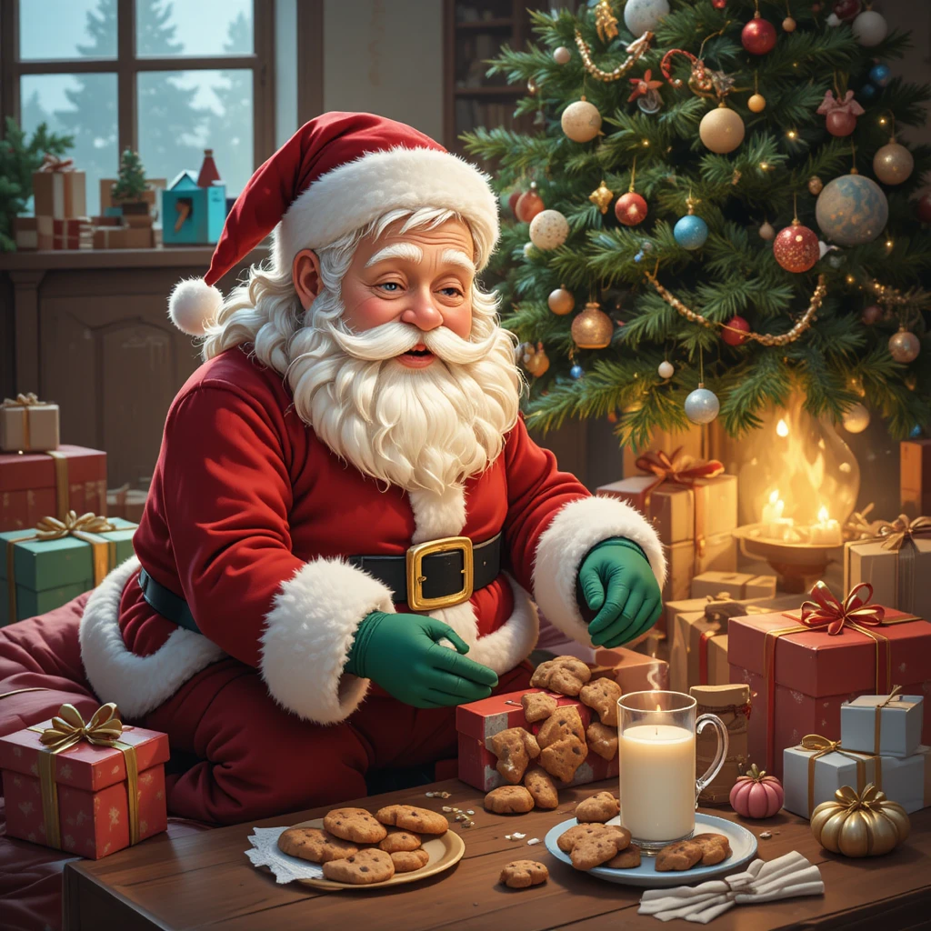 Babbo Natale che mette i regali sotto un albero di Natale luminoso
