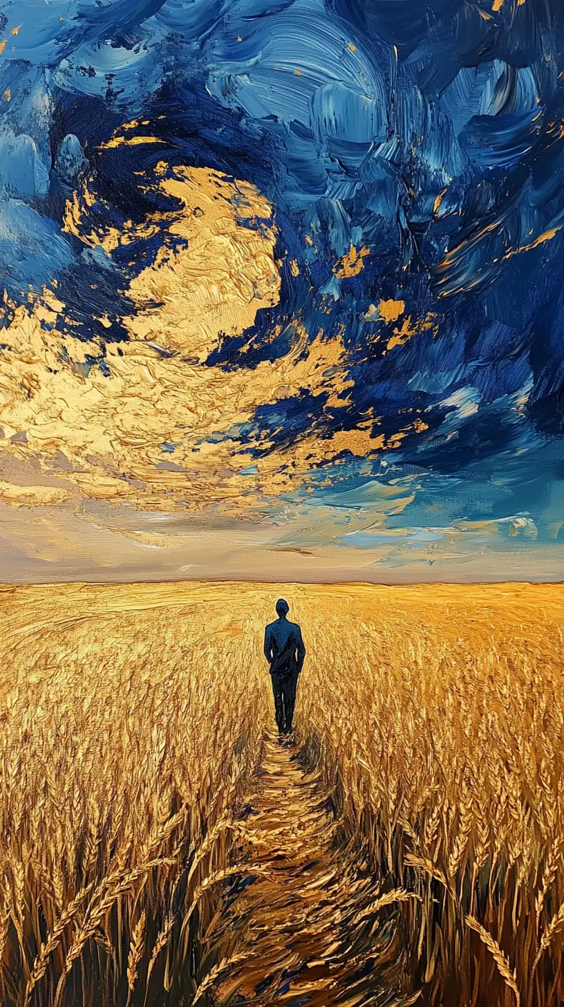 Lone figure walking through golden wheat under swirling sky