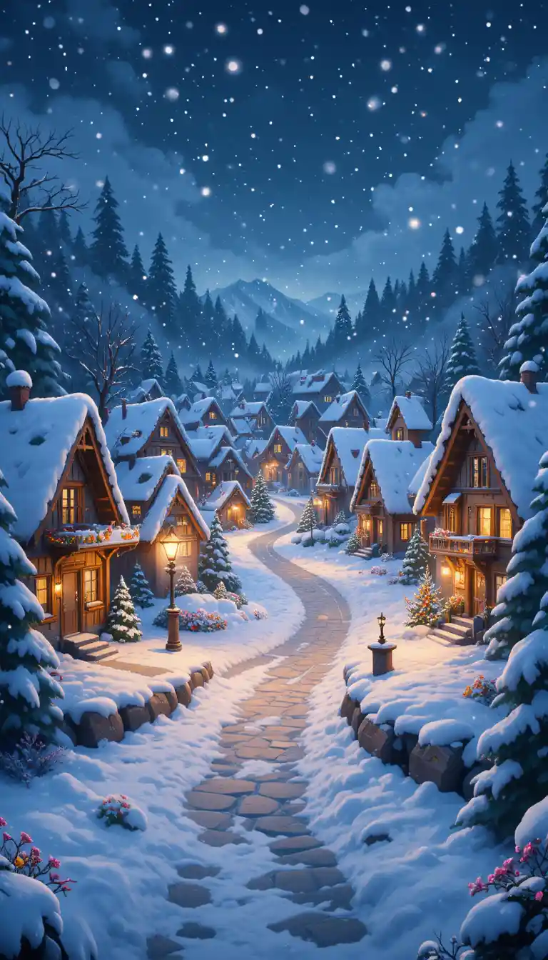 Vila nevada mágica à noite com luzes de Natal brilhantes