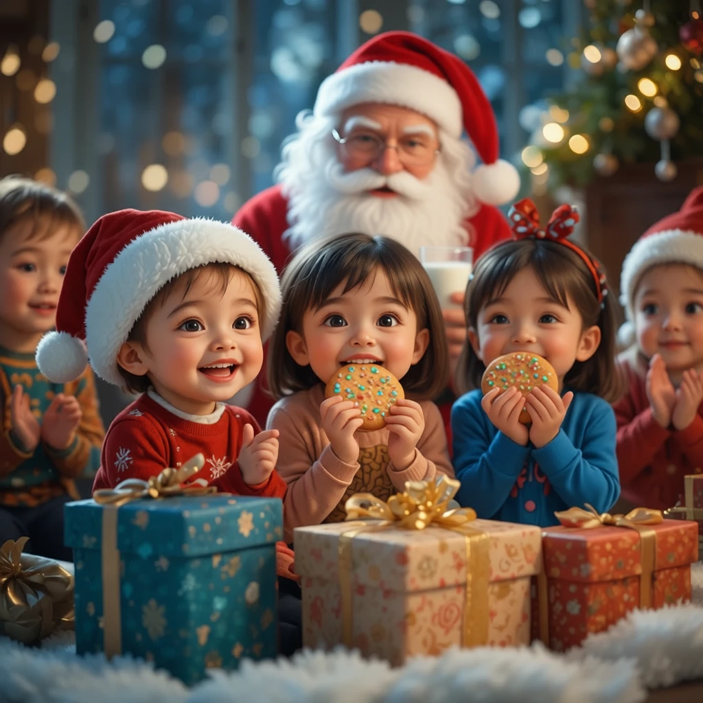 Crianças felizes aproveitando juntos os biscoitos e o leite do Papai Noel