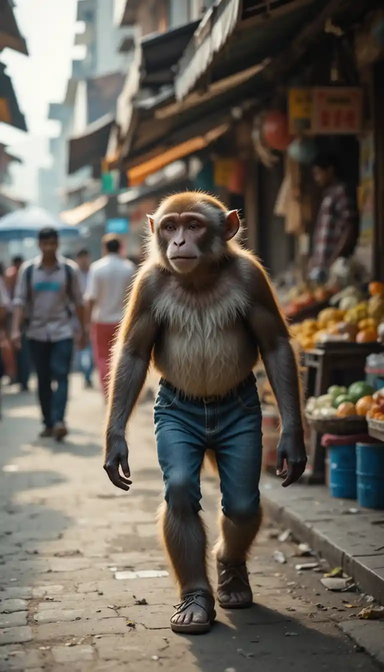 Monkey In Jeans Walking Through Busy Indian Street Market